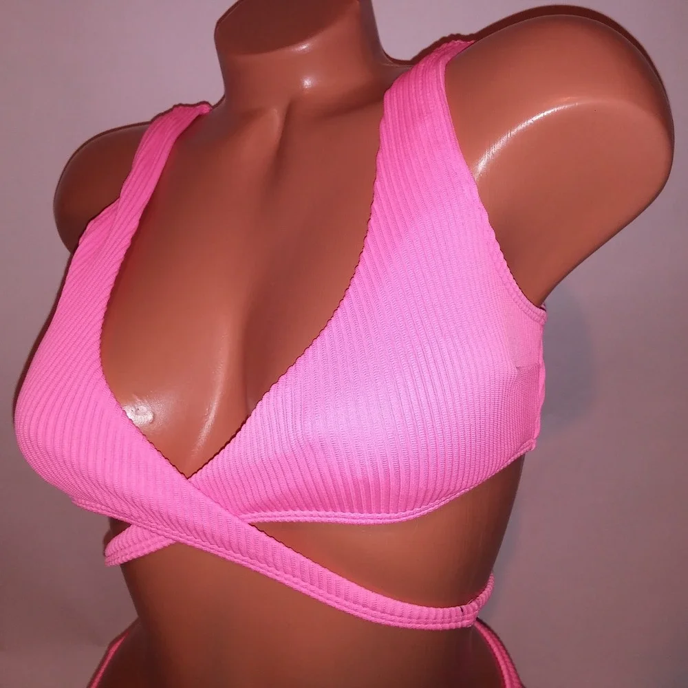 Hollister Swim Bikini Small Top Medium Bottom Neon Pink Ribbed Wrap